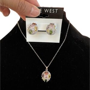 Nine West 925 sterling Silver Earrings + necklace 20” with Multicolor Stones set